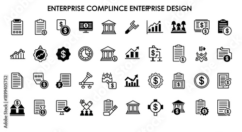 Business Icons Set: Compliance, Design, Finance, Graphs, Building, Strategy