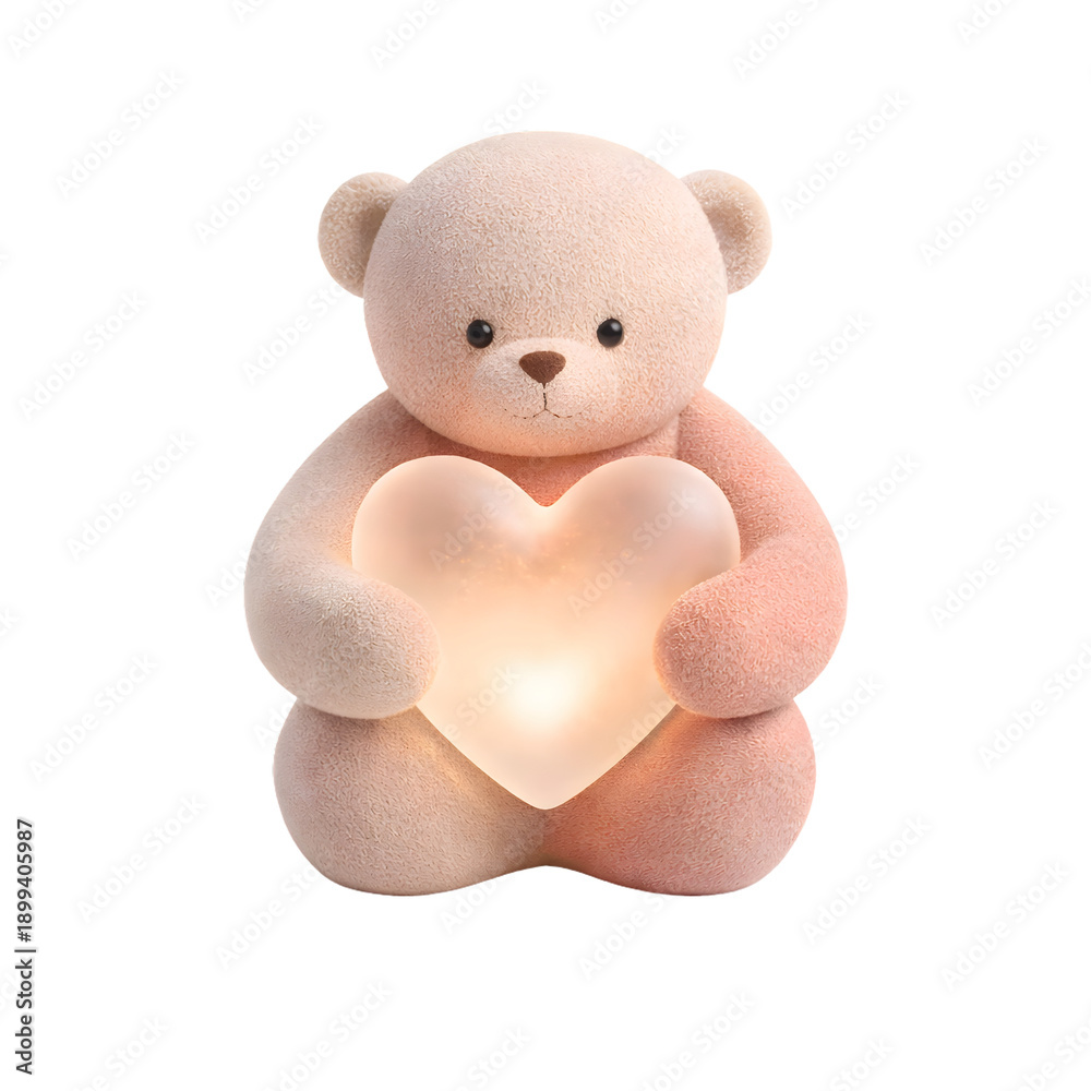 Obraz premium Pink teddy bear holding a glowing heart isolated on white background