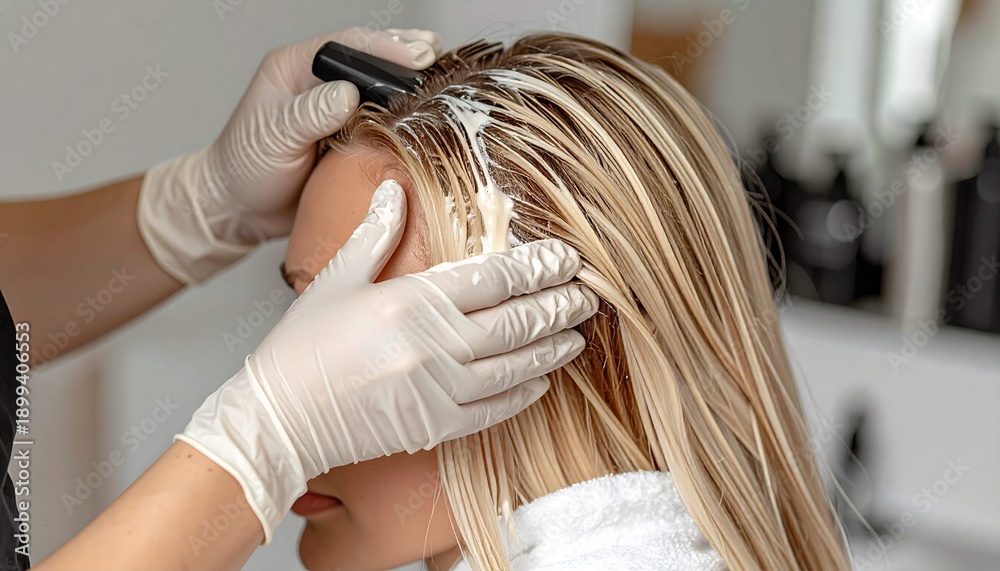 Naklejka premium wearing gloves applying treatment, dye, or bleach products to a client's wet blonde hair in a beauty salon environment.&nbsp;Close-up focus on the application process and expert hands m