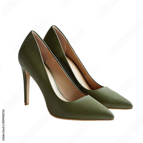 Sleek olive green pointy toe stiletto heels, poised elegantly against a dark background