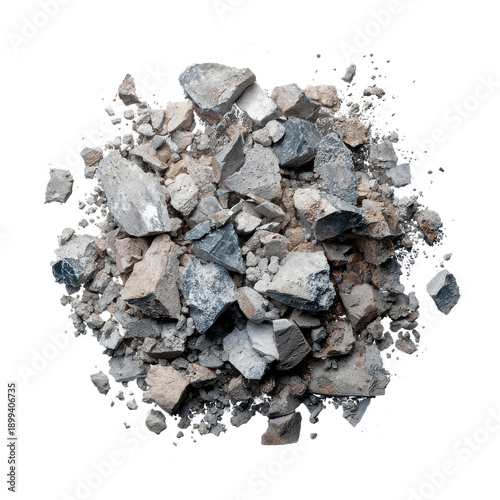 Pile of construction debris consists of rocks and cement pieces in a flat layout