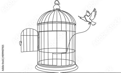 Continuous One Line Drawing of a Bird Flying Free from an Open Birdcage, Symbolizing Freedom and New Beginnings also indicating Breaking Free From Physical or Emotional Constraints
