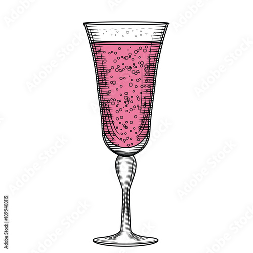 Tulip flute champagne glass hand-drawn vector color illustration in line art style. Retro sparkling wine sketch. Flirty festive drink. Vintage engraving for bars and menus.