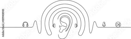Minimalist, continuous line drawing of a human ear with sound waves, illustrating the concept of hearing. 