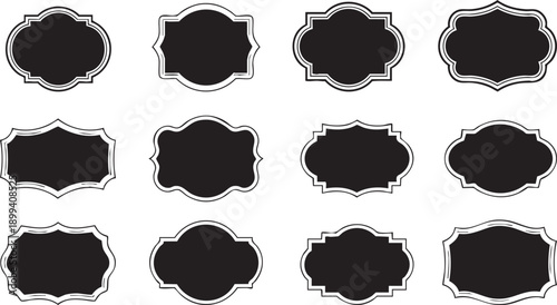 Black decorative label silhouettes, vintage frame shapes, retro outline badge, ornate geometric borders, empty tag design graphics, shield elegant royal crest emblem, retro sticker. Vector se