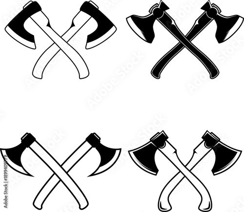 A black and white vector set of crossed axes. This high-contrast collection features various styles including hatchets, battle axes, and tomahawks.