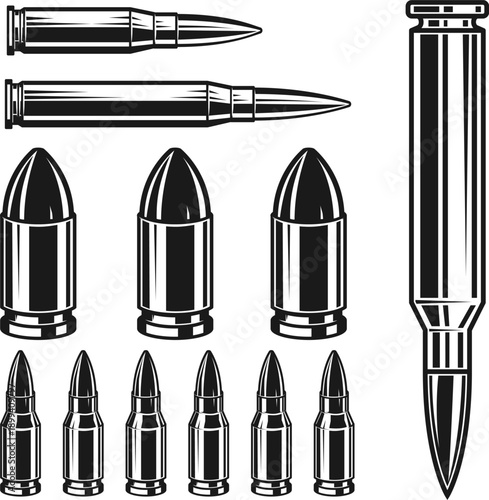 A black and white vector set featuring various types of bullets and cartridges. This high-contrast collection includes handgun rounds, rifle ammo, and individual shells.