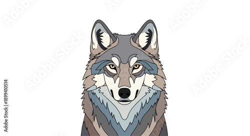 Illustration of a wolf's head with gray, blue, and white fur against a white background.