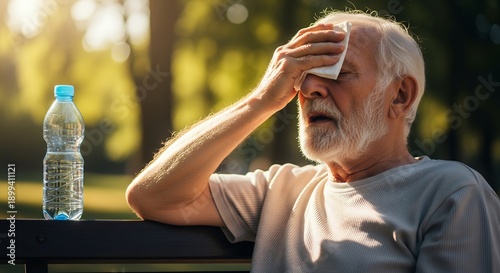 Senior man feeling uncomfortable from summer heat indoors