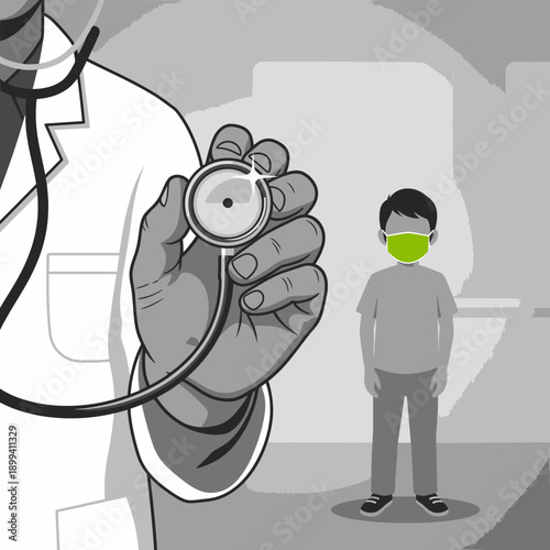 A caring medical professional holds a stethoscope, ready to examine a young child wearing a protective face mask during a health check-up.