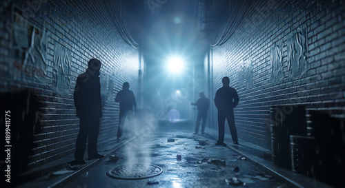 Group of dangerous criminals silhouettes standing in dark alleyway with blue light and fog urban crime scene with street gangs waiting for victim