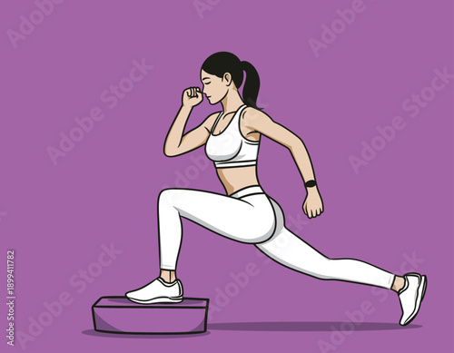 Woman performing a lunge exercise on a step.