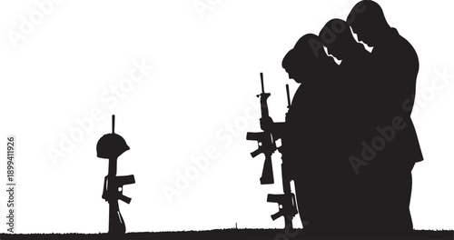 Sad army soldiers in sorrow for fallen comrade during military funeral honor. Silhouette of usa military army with weapons. American independence or memorial day background. Pride and honor symbol.