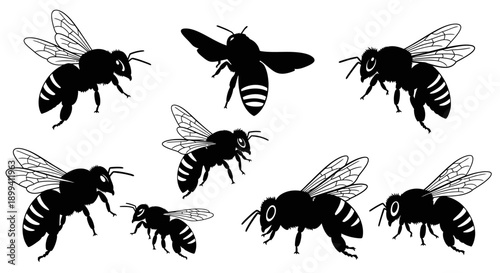 Vector silhouette illustrations of bees in various poses, flying, hovering and resting.