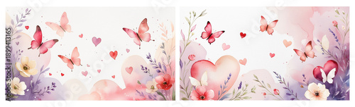 Watercolor Butterflies with Flowers and Hearts on Transparent Background for Valentine’s Day Designs, Wedding Decor, Romantic Invitations, Cards and Love-Themed Backgrounds.