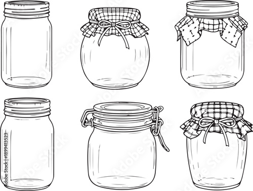 Collection of six glass jars for canning and storage, various shapes and lid styles, outlined illustration