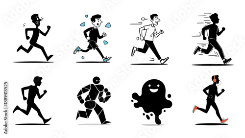 Various runners illustrations set depicting different styles of running including silhouettes stick figures abstract shapes and comic characters