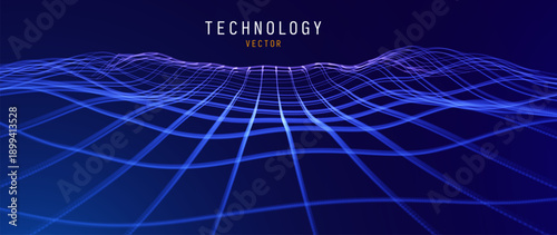 Abstract Blue Grid Particles Background. Flow Wave Dots. Digital Data Structure. Technology Vector Illustration.