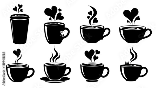 Various black coffee and tea cups with heart steam shapes representing love and warmth vector icons