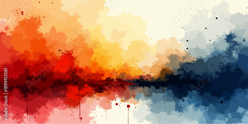 Artistic abstract grunge background with red paint splashes and colorful watercolor ink textures featuring yellow and pink brush elements for a decorative pattern design