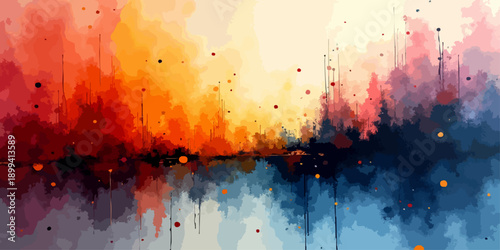 Abstract red and yellow watercolor background with a vintage grunge texture featuring artistic paint splashes and colorful ink splatter design on old paper