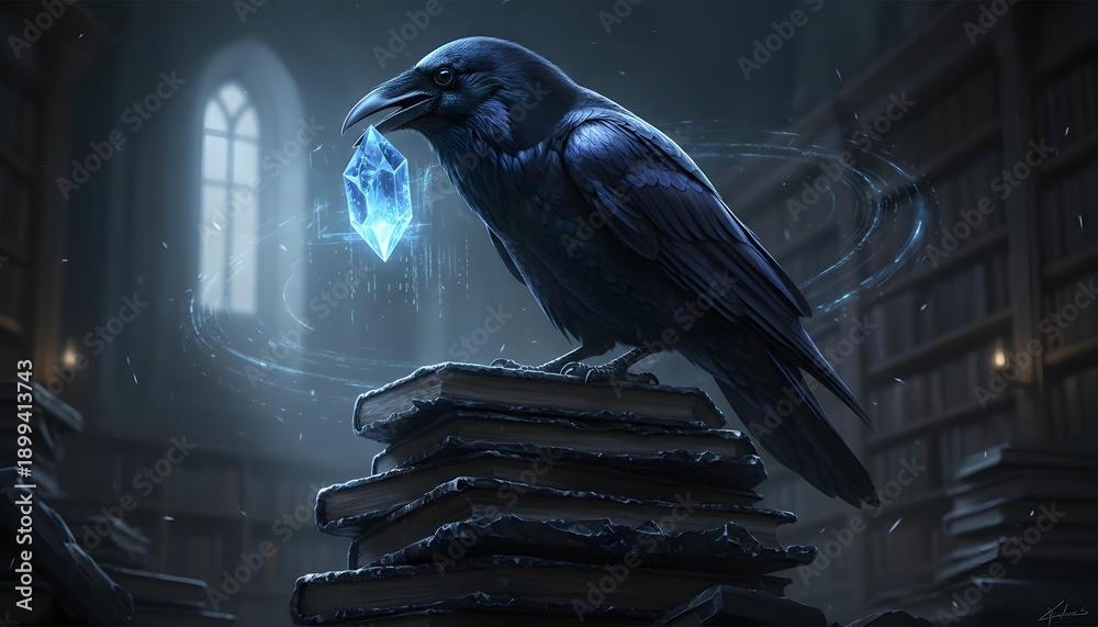 Obraz premium An analyst raven perches atop a stack of obsidian books, gripping a glowing data crystal in its beak, evoking data insight and mystery.