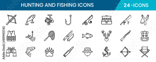 Hunting And Fishing Thin Line Vector Icon Set Hook Bait Fish Deer Head Duck Hunting Knife