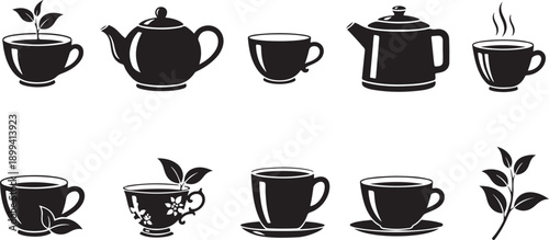 Various tea pots and cups black silhouette vector icons set for hot beverage illustrations on transparent background