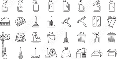 Cleaning supplies and tools outline black vector icons set household hygiene products on transparent background
