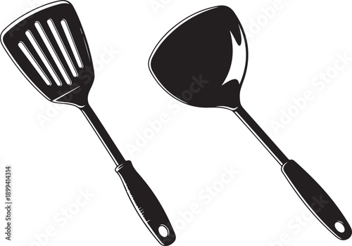 Two kitchen spatulas illustration, solid black kitchen tools with varying designs for cooking and baking needs