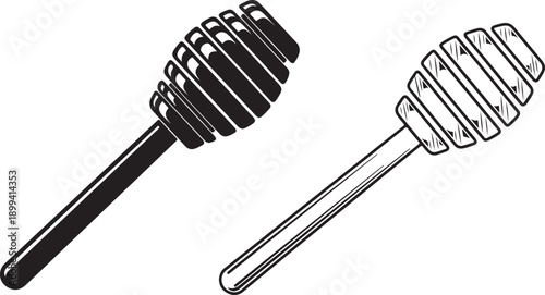 Set of two black honey dipper utensils on transparent background, one solid silhouette and one line art version