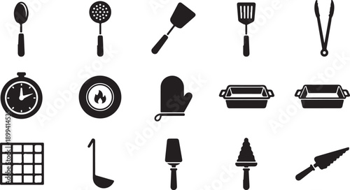 Set of kitchen utensils silhouettes isolated on transparent background, vector illustration of various cooking tools