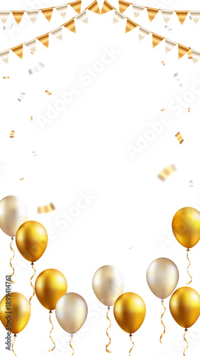 Golden balloons and bunting flags vertical frame isolated on transparent background. Party celebration border for social media.