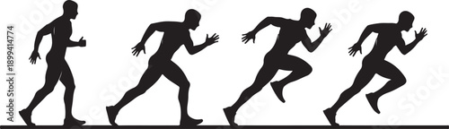Four sequential silhouettes of male runner in motion isolated on transparent background athletic training sports action