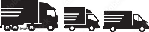 Collection of simple black truck silhouettes including large trailer truck moving truck and delivery van on transparent background