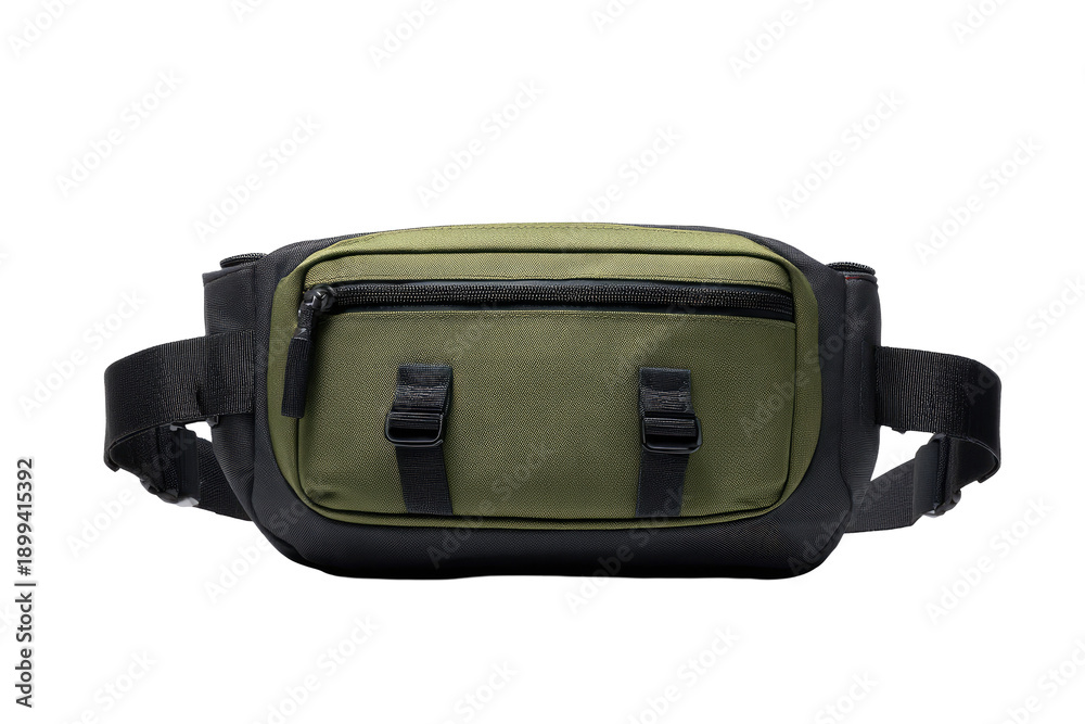 Fototapeta premium Olive green waist bag with black accents. Front-facing view. Modern, functional design with adjustable straps. Zippered main compartment and smaller pocket