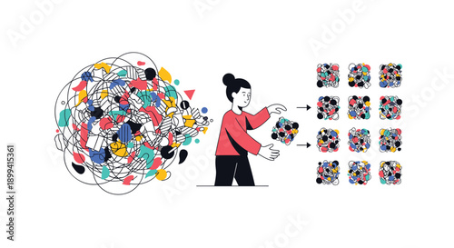Vector illustration of a woman organizing chaotic colorful puzzle pieces into orderly squares, for business or education concept, Isolated on transparent background, png