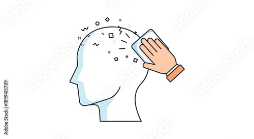 Vector illustration of a human head with a hand wiping away thoughts or ideas, isolated on transparent background, png