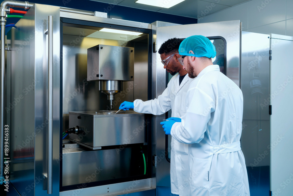 Naklejka premium Black young adult man and Caucasian young adult man wearing lab coats and gloves operating industrial laboratory equipment together in sterile manufacturing environment