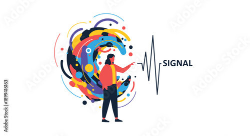 Vector illustration of a person surrounded by colorful signal waves, for website or app UI, overlay effect, isolated on transparent background, png