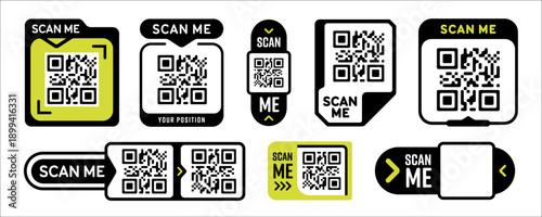 Qr code scan me stickers and buttons with arrows and labels. Mobile sticker frame for logo scanner smartphone tag and vector app bar.