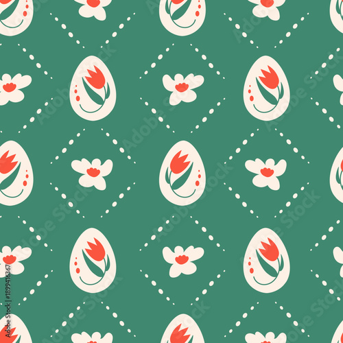 Easter Eggs and Flowers Checkered Seamless Pattern. Bright Drawn Green Holiday Background with Tulip and Floral blossoms leaves dotted diamond shapes. Vector illustration