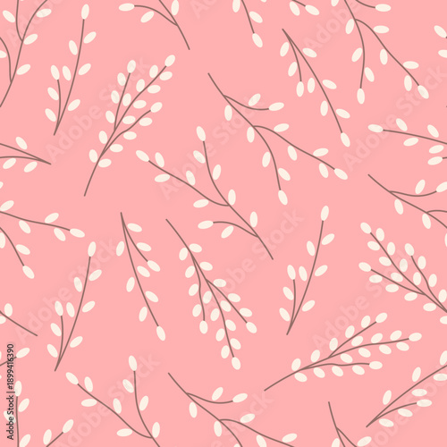 Pussy Willow Pink Seamless Pattern. Delicate hand drawn Spring Background with falling Easter Sprigs Twigs Branches. Abstract Springtime Nature Vector illustration