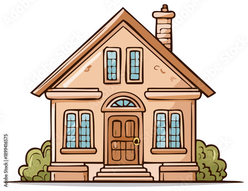 Cartoon illustration of a cozy two story suburban house with a chimney and bushes.