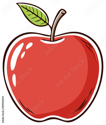 Vibrant red apple fruit with a fresh green leaf and a brown stem illustration