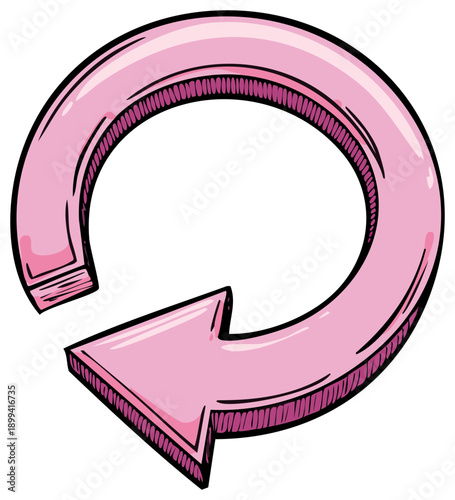 Pink circular arrow illustration with thick black outline and subtle shading representing rotation or repetition