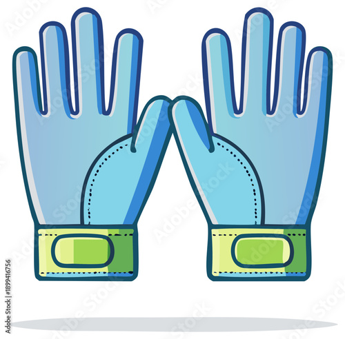 Illustrated blue garden gloves pair with green wristbands for gardening needs