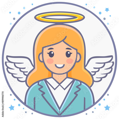 Angel investor concept icon of a smiling businesswoman in a suit with wings and a halo
