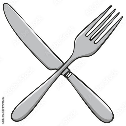 Silverware Flatware Graphic: Crossed Knife and Fork Representing Dining or Restaurant Icon, Cartoon Style
