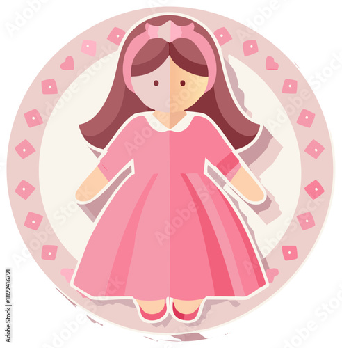 Stylized illustration of a girl in a pink dress with a heart design